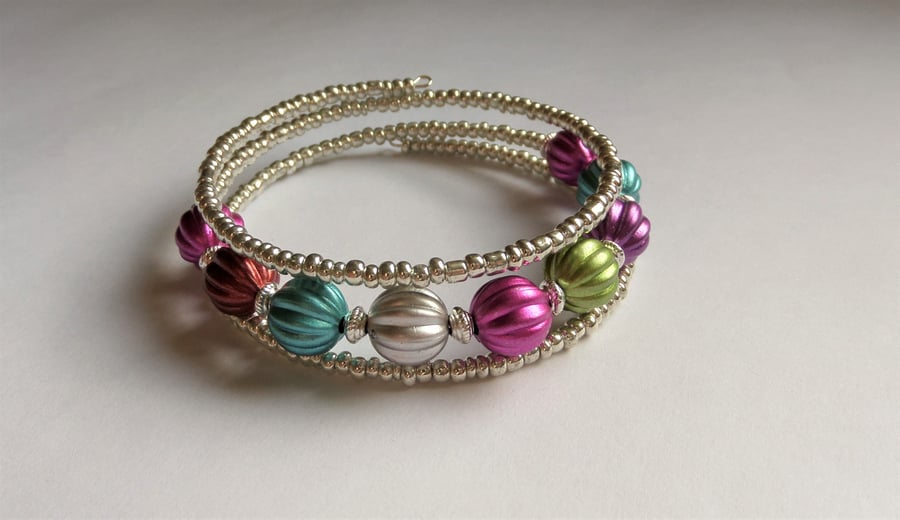 Multicoloured pumpkin bead and silver metallic seed bead wrap bracelet