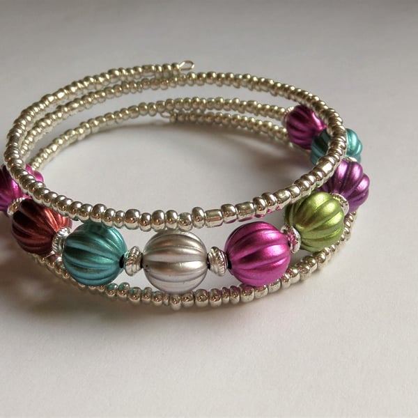 Multicoloured pumpkin bead and silver metallic seed bead wrap bracelet