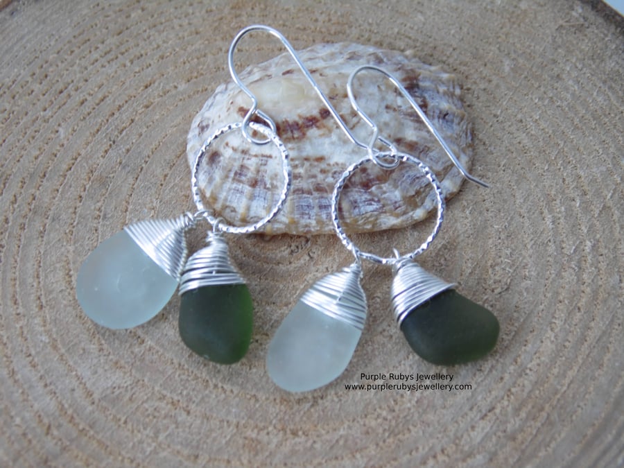 Seafoam & Dainty Greens Cornish Sea Glass on Diamond Cut Rings Earrings E637