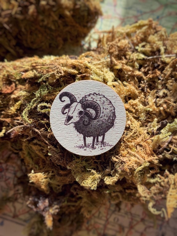 Wooden Sheep Skull Pin Badge