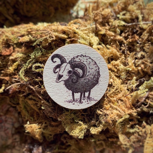 Wooden Sheep Skull Pin Badge
