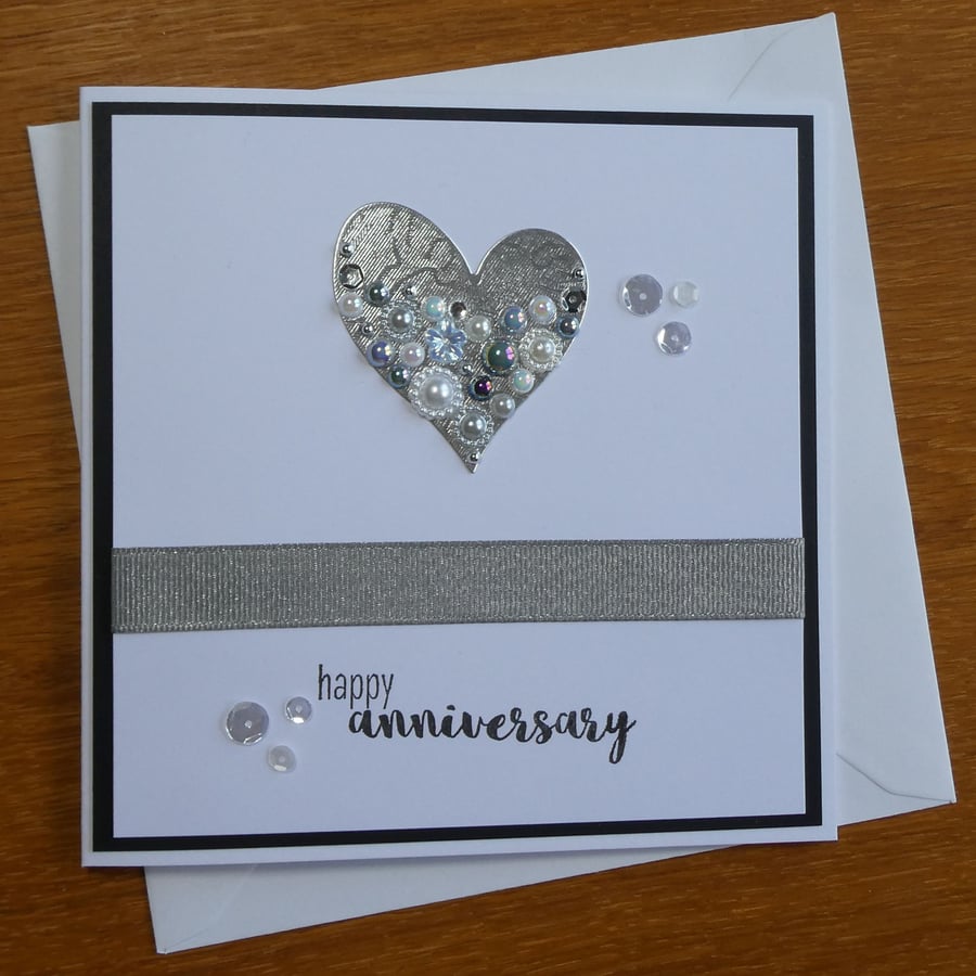 Embellished Heart Anniversary Card - Silver Wedding, Diamond Anniversary 