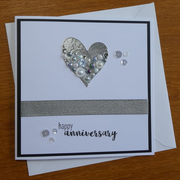 Embellished Heart Anniversary Card - Silver Wedding, Diamond Anniversary 