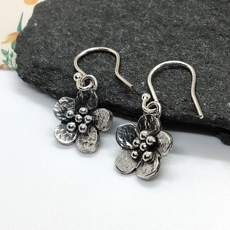 Silver flower earrings oxidized handmade recycled sterling silver 