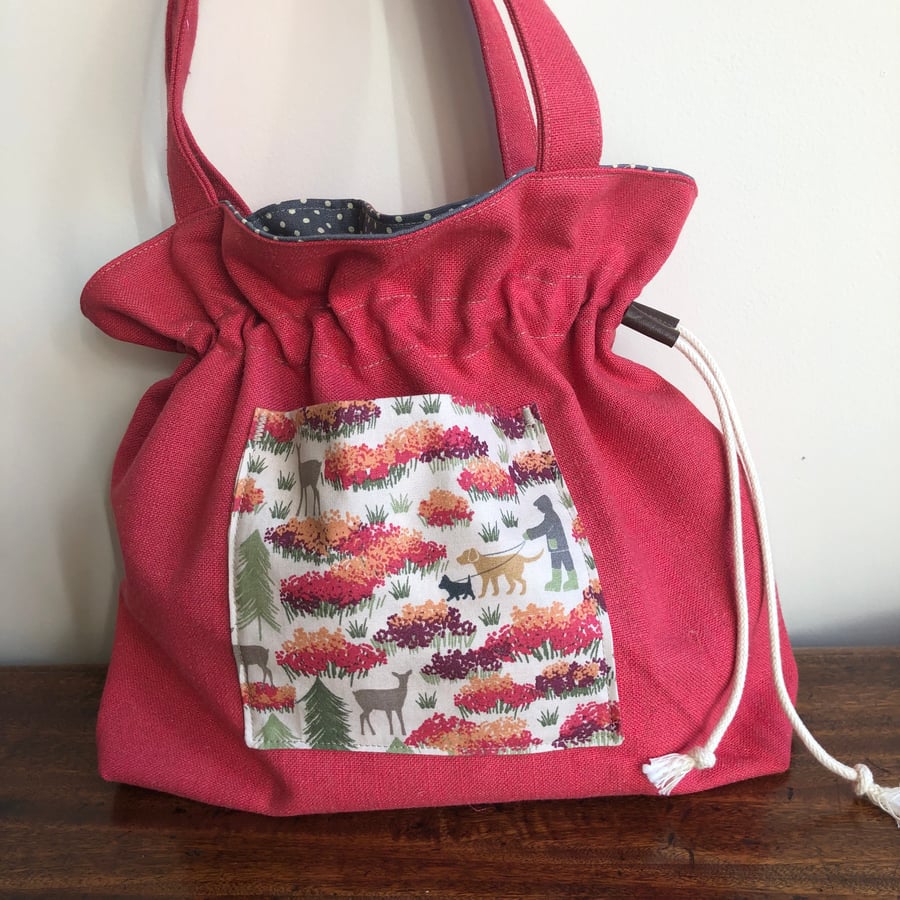 Drawstring bag with woodland pocket - free UK postage