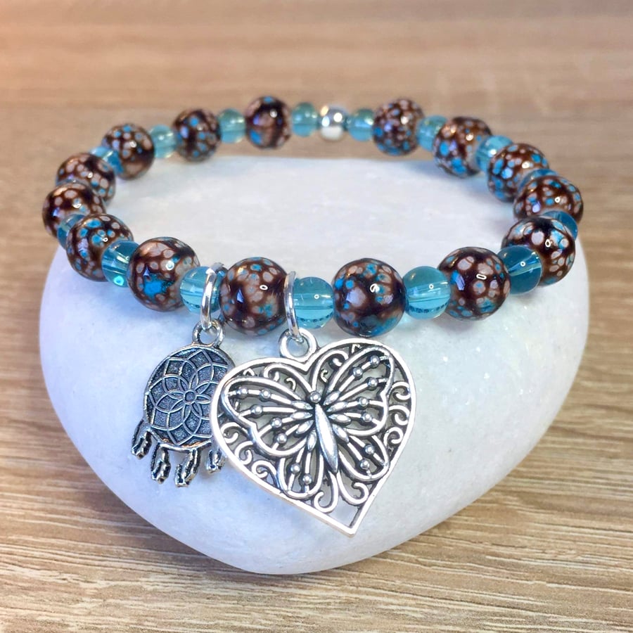 Blue and Brown Glass Beaded Elasticated Charm Bracelet 