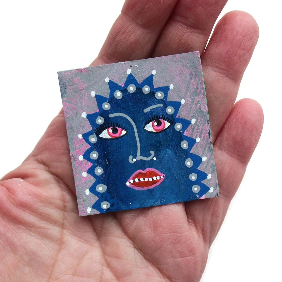 Extra Small Original Painting Tiny 2x2" Miniature Outsider Folk Art Portrait XS