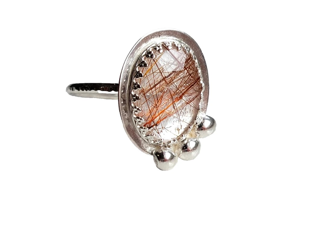 Copper Rutilated Quartz Ring Adjustable Sterling Silver Jewellery Gift Rose Cut
