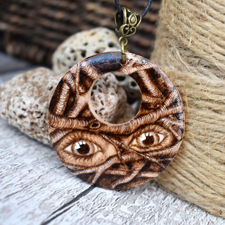 Eyes in the branches. Pyrography wooden pendant. Beautiful eyes wood gift. 