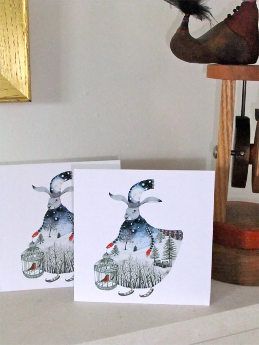 Hare Christmas Cards. Pair of Winter Moon Hare 6x6 inches Christmas cards