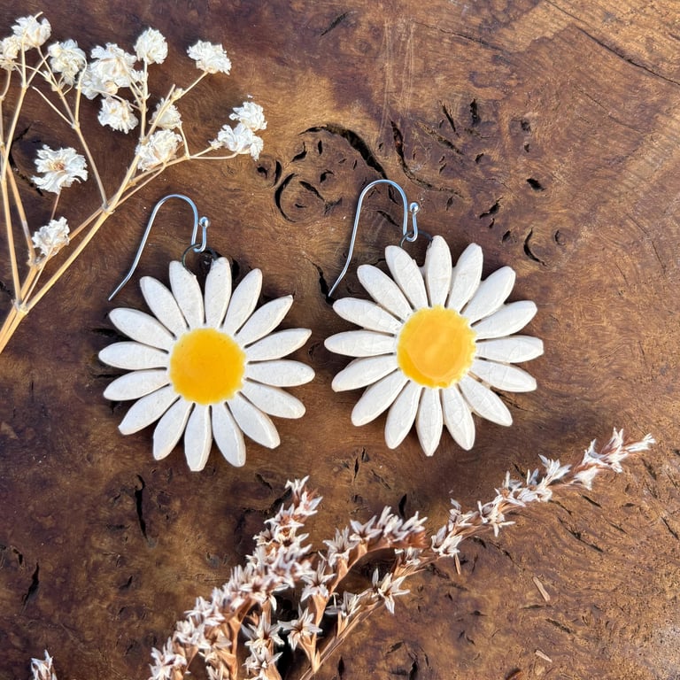 Handmade Ceramic Daisy Earrings, Foraged Dartmoor Clay, Stainless Steel, White Y