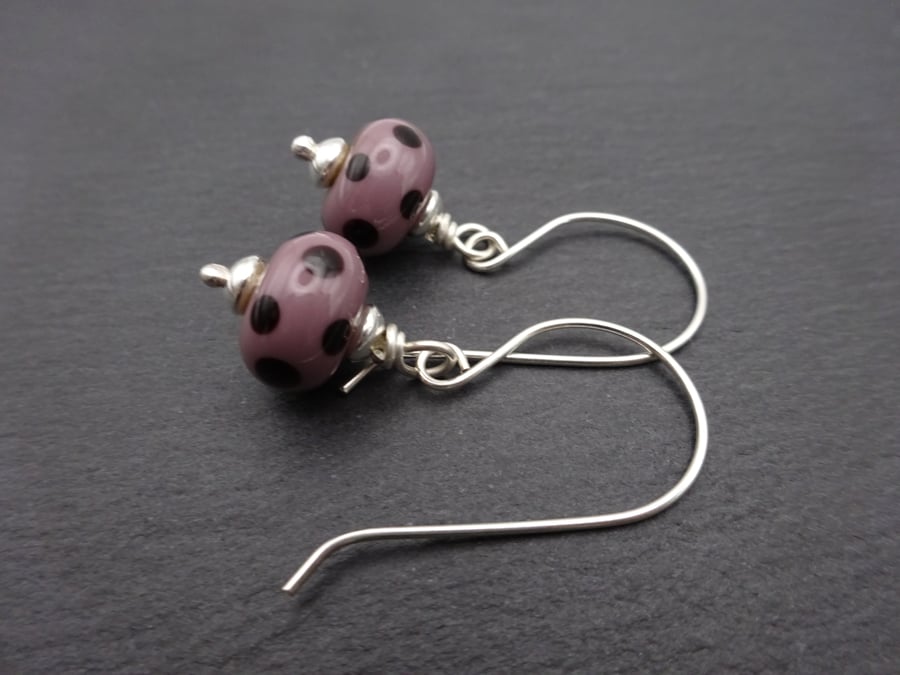 sterling silver earrings, purple and black polka dot jewellery