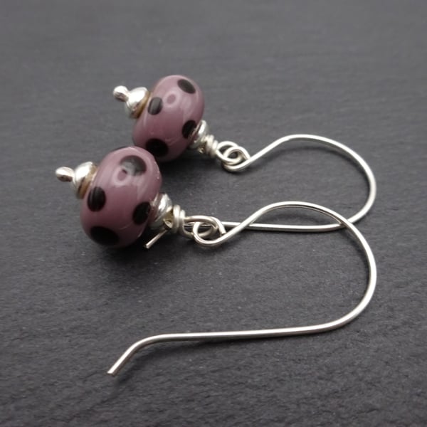 sterling silver earrings, purple and black polka dot jewellery