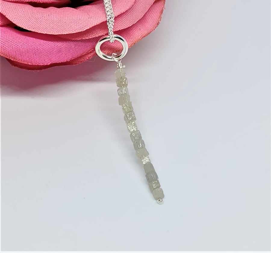 Silver Grey Genuine Rough Cube Diamond Bar Pendant on Sterling Silver Chain