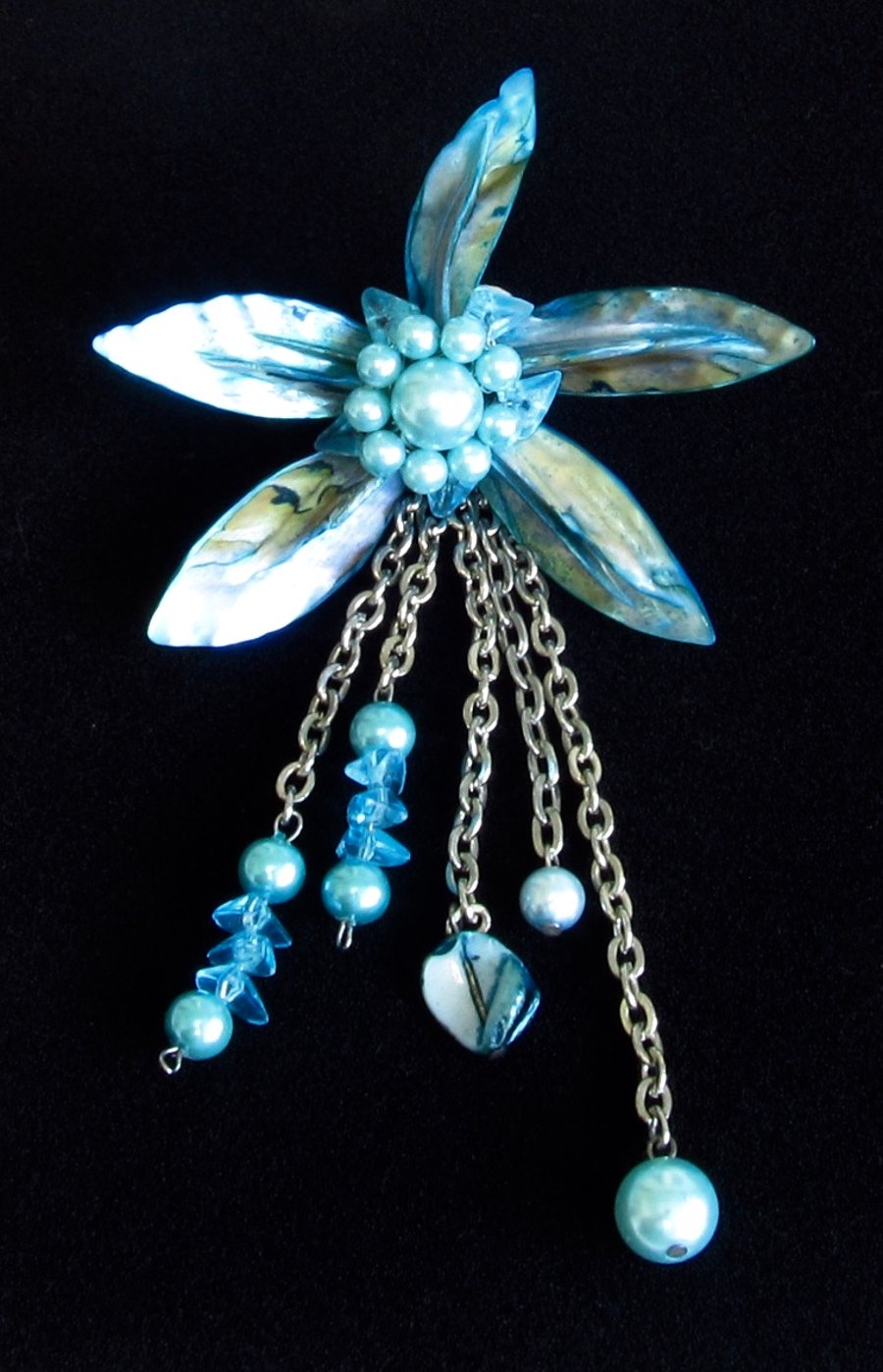 Shell Pendant: Large Light Blue MoP Shell Flower with Chains, Pearls & Beads