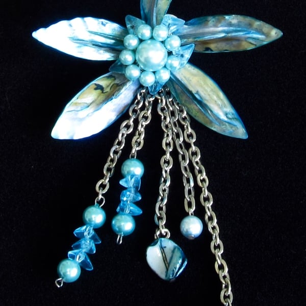 Shell Pendant: Large Light Blue MoP Shell Flower with Chains, Pearls & Beads