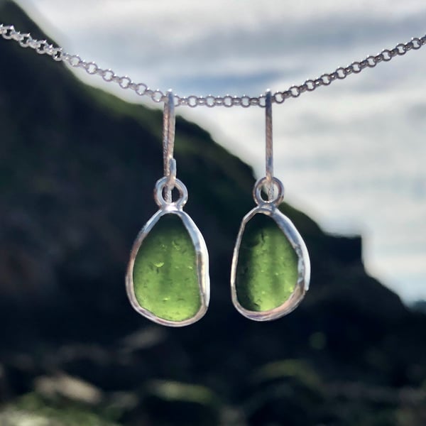 Forest Green Sea Glass  and Sterling Silver Drop Earrings - 1068