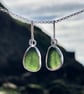 Forest Green Sea Glass  and Sterling Silver Drop Earrings - 1069