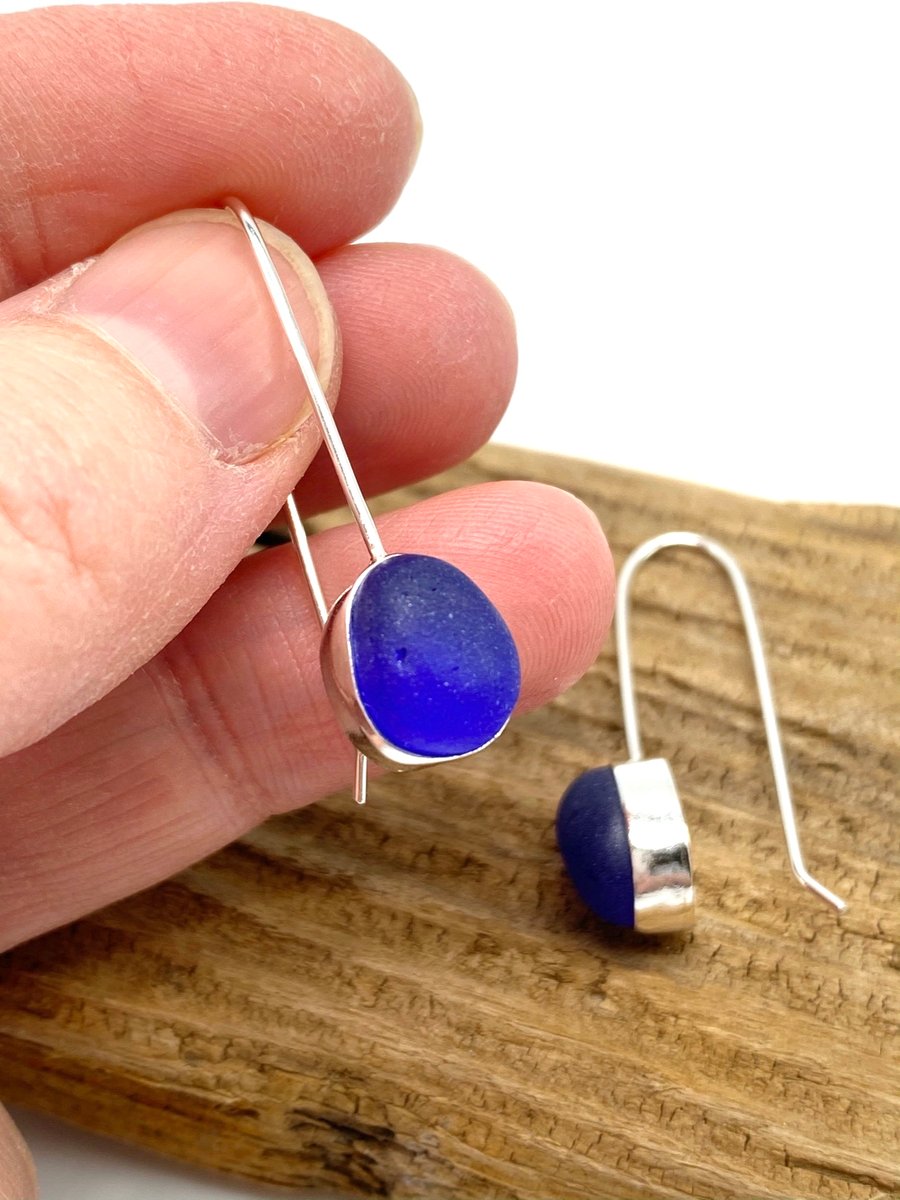 Dark Blue Sea Glass Drop Earrings