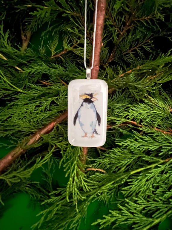 Unique Handcrafted Christmas Penguin Card with Artisan Fused Glass Tree Decorati