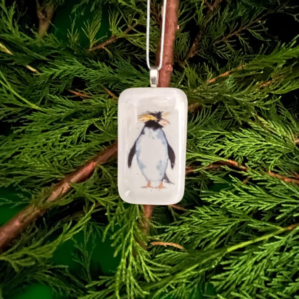 Unique Handcrafted Christmas Penguin Card with Artisan Fused Glass Tree Decorati