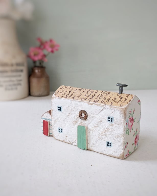 Handmade Painted Wooden Seaside Cottage with Teeny Stripy Shed