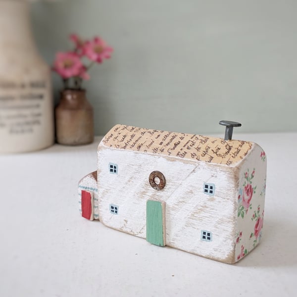 Handmade Painted Wooden Seaside Cottage with Teeny Stripy Shed