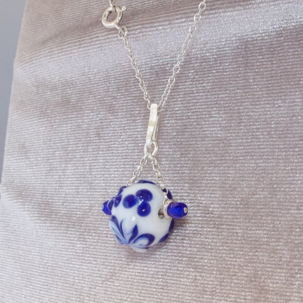 Delft Blue and White Floral Lampwork Glass and Sterling Silver Pendant on Chain