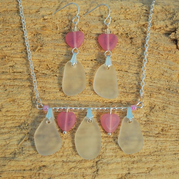 Beach glass pendant and earrings with pink hearts