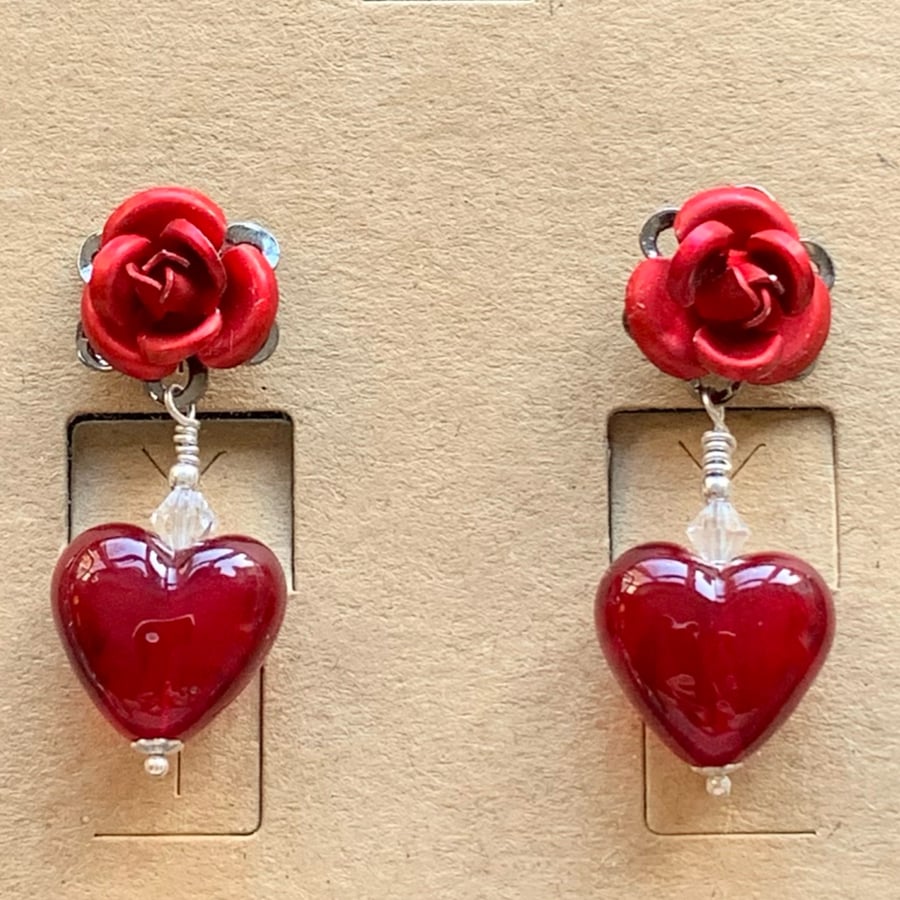 Sterling silver artisan red heart lampwork glass earrings - FREE UK P&P 