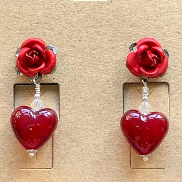 Sterling silver artisan glass heart earrings with FREE UK P&P 