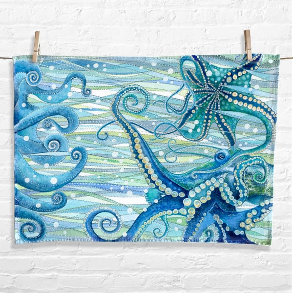 Octopus Tea Towel - Coastal Kitchen Cotton Linen - Seaside, Nautical Decor Art