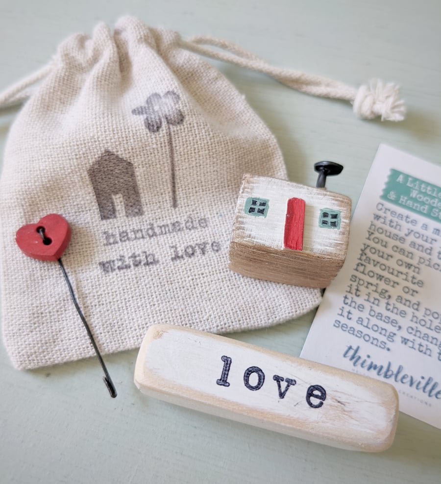 Little Wooden Handmade House and Base in a Bag - love