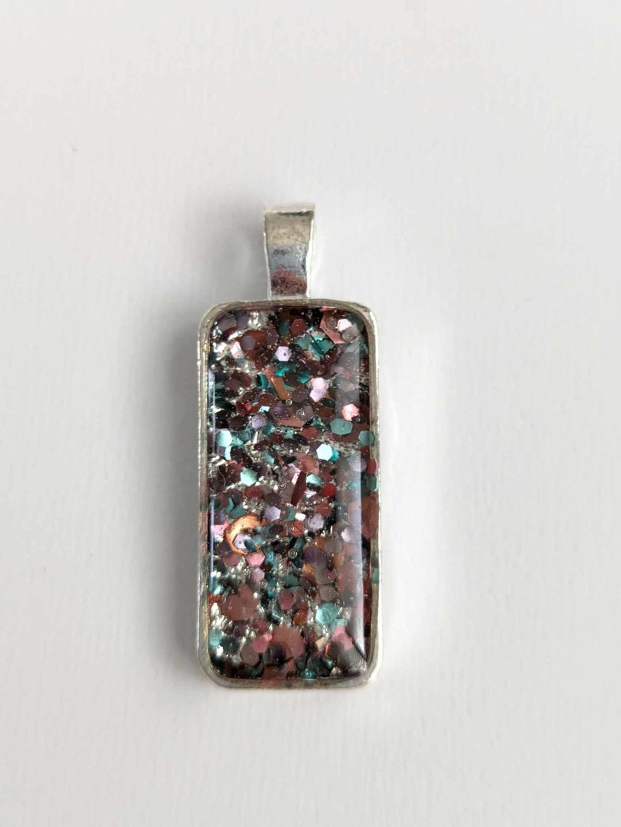 Small Rectangular Pendant With Coral & Aqua Glitter