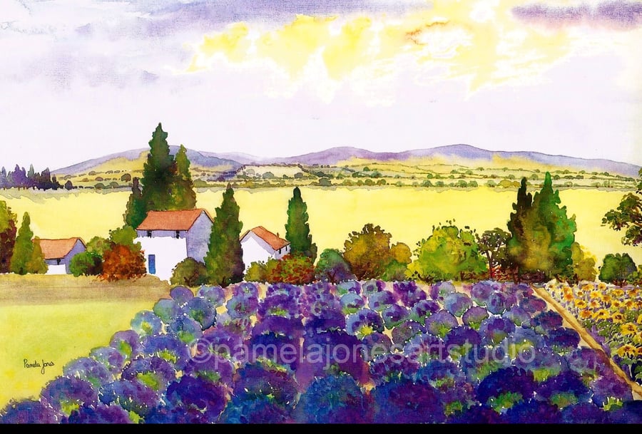Lavender Field, Provence, South Of France, Watercolour Print in 14 x 11'' Mount