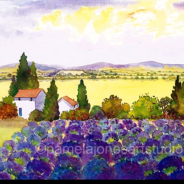 Lavender Field, Provence, South Of France, Watercolour Print in 14 x 11'' Mount