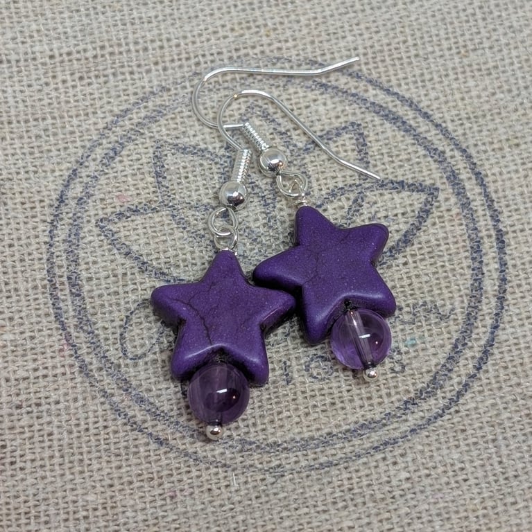 Purple howlite star and amethyst bead silver plated earrings 