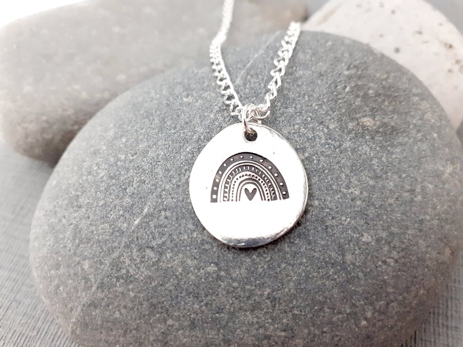 Detailed Silver Rainbow Pendant, Hand Stamped