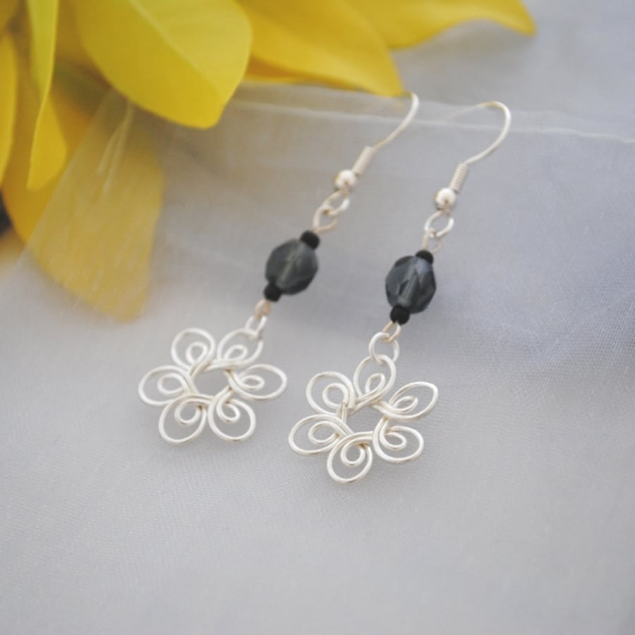 Silver flower & black diamond earrings