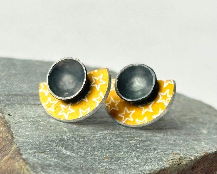 Grey and mustard half moon studs - extra small