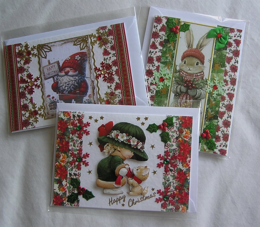 Set of 3 (Three) Beautiful Hand-Crafted Christmas Decoupage Greeting Cards (u)