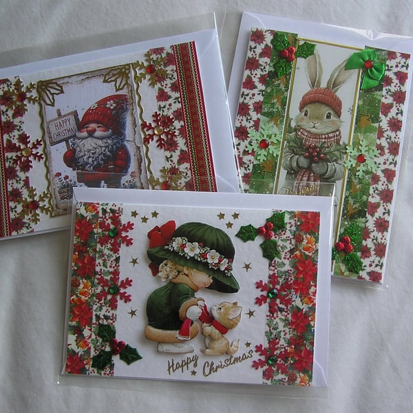 Set of 3 (Three) Beautiful Hand-Crafted Christmas Decoupage Greeting Cards (u)