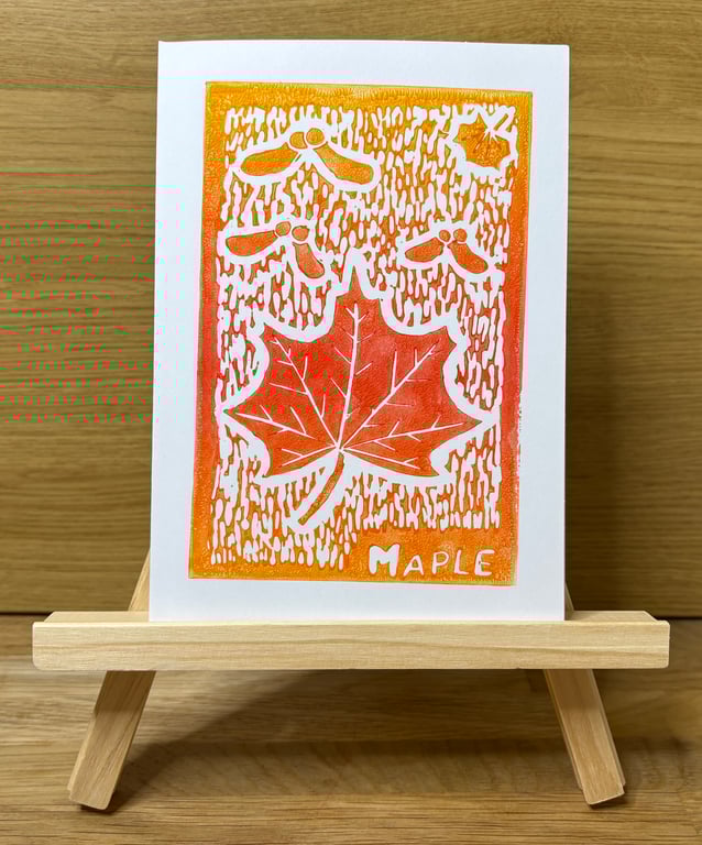 Maple Leaf Lino Print Greeting Card - Orange and Red