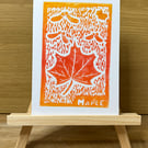 Maple Leaf Lino Print Greeting Card - Orange and Red