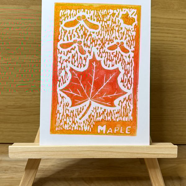 Maple Leaf Lino Print Greeting Card - Orange and Red