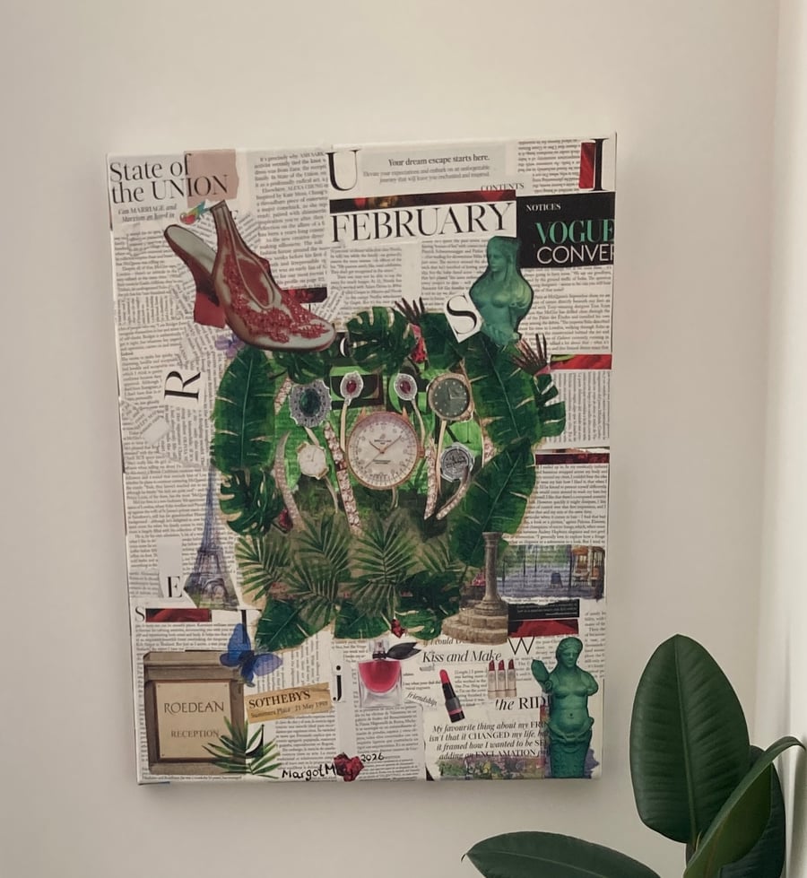 What's the Time Eclectic Collage Canvas Unique Art Work Watches Tropical Leaves