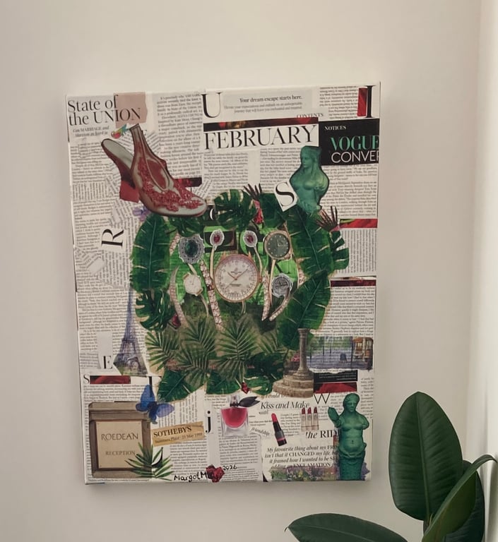What's the Time Eclectic Collage Canvas Unique Art Work Watches Tropical Leaves