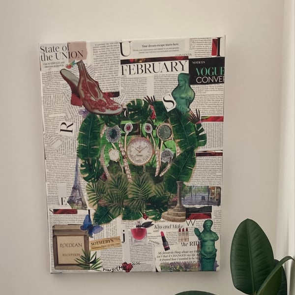What's the Time Eclectic Collage Canvas Unique Art Work Watches Tropical Leaves