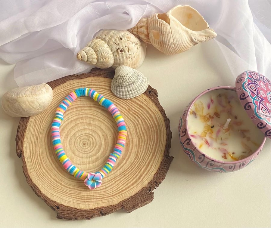 Handmade Pastel Clay Bead Bracelet Flower Charm, Stretch Fit