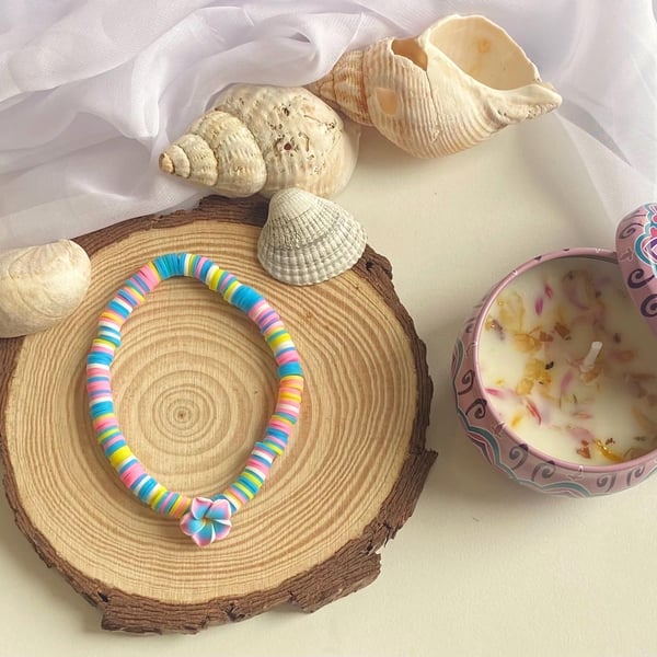 Handmade Pastel Clay Bead Bracelet Flower Charm, Stretch Fit